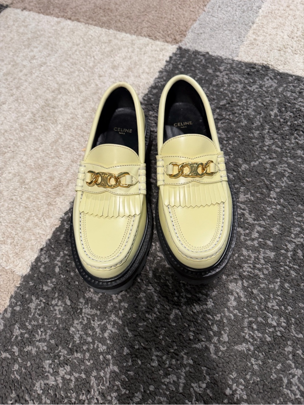 Celine Lemon Yellow Leather Fringe Loafers with Gold Chain Trim